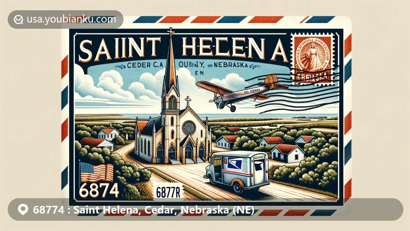 Creative illustration of Saint Helena, Cedar County, Nebraska, blending geographical and postal elements with a vintage airmail theme, featuring the Immaculate Conception Church and rural landscapes.