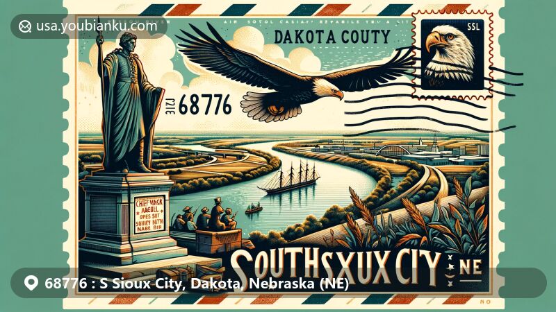 Creative depiction of South Sioux City, Dakota County, Nebraska, with postal and regional elements, featuring Missouri River view, vintage air mail envelope with ZIP code 68776, Chief War Eagle Monument, and mail truck.