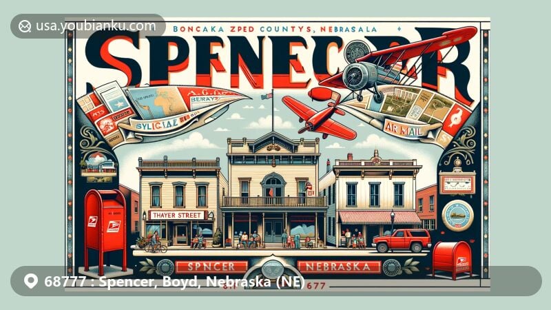 Modern illustration of Spencer village, Boyd County, Nebraska, featuring Thayer Street and vintage air mail envelope frame with Nebraska state flag and Boyd County outline, showcasing community activities and classic red mailbox with ZIP code 68777.