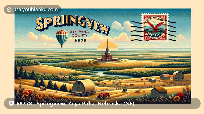 Modern illustration of Springview, Keya Paha County, Nebraska, blending postal and regional elements, featuring the Keya Paha County Historical Society and tranquil prairie landscape.