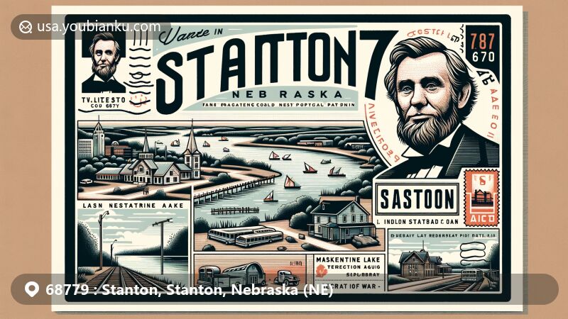 Modern illustration of Stanton, Nebraska, showcasing postal theme with ZIP code 68779, featuring Maskenthine Lake Recreation Area and vintage postcard elements.