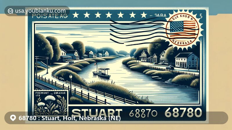 Modern illustration of Stuart, Nebraska, featuring postal theme with ZIP code 68780, Elkhorn River, and historical railroad connection.
