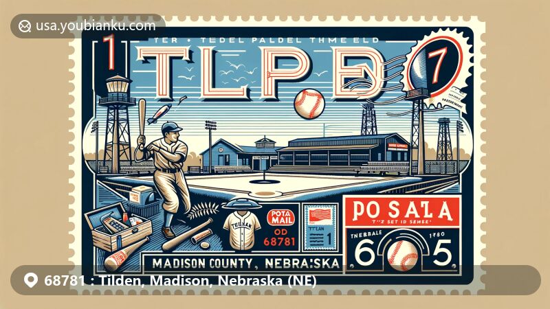 Modern illustration of Tilden, Madison County, Nebraska, blending regional features and postal elements for ZIP code 68781, showcasing Richie Ashburn Field and small-town charm.