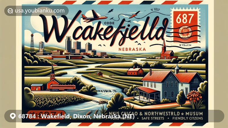 Modern illustration of Wakefield, Dixon County, Nebraska, showcasing postal theme with ZIP code 68784, featuring local landmarks like the Historic Chicago and Northwestern Depot Museum and the Graves Library Museum.