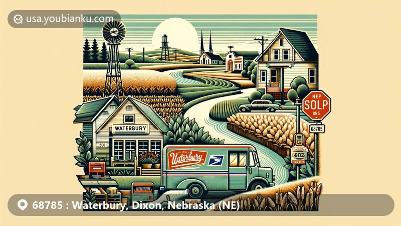 Modern illustration of Waterbury, Nebraska, featuring postal theme with ZIP code 68785, showcasing rural and agricultural elements like fields, rivers, and downtown area, embodying the town's charm and community spirit.