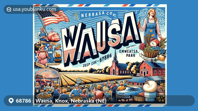 Modern illustration of Wausa, Nebraska, showcasing community events like the annual Pork Chop Barbecue and Swedish Smörgåsbord, featuring Gladstone Park and the Evangelical Covenant Church.