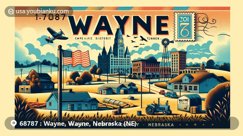 Modern illustration of Wayne, Wayne County, Nebraska, with focus on the Wayne Commercial Historic District, Wayne State College, and elements of agritourism, incorporating vintage postcard and air mail envelope features for ZIP code 68787.