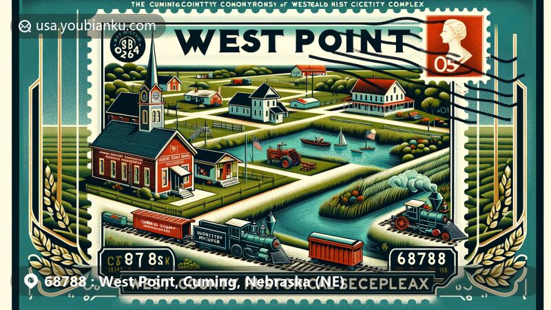 Modern illustration of West Point, Nebraska, showcasing postal theme with ZIP code 68788, featuring Cuming County Historical Society Complex, Neligh Park, and Elkhorn River.