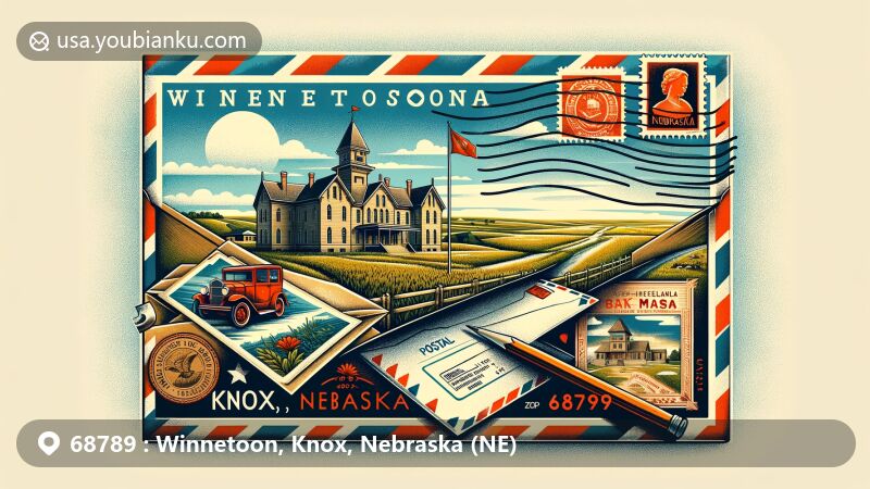 Modern illustration of Winnetoon, Knox, Nebraska (NE), showcasing postal theme with ZIP code 68789, featuring historic 1907 jail, vintage air mail envelope, Nebraska state flag, and postal elements.