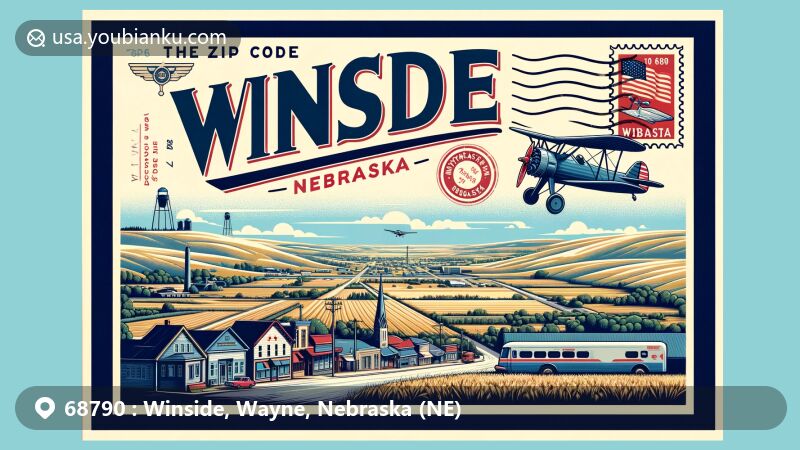 Modern illustration of Winside, Nebraska, with a postcard design emphasizing geographical and postal themes, featuring rolling hills, downtown area, vintage stamp with Nebraska state flag, postmark 'Winside, NE 68790', and airmail envelope border.