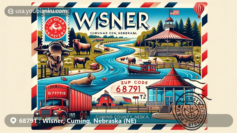 Modern illustration of Wisner, Cuming County, Nebraska, showcasing postal theme with ZIP code 68791, featuring Elkhorn River, Dinklage Park, cattle, hog feeding industry, and airmail envelope design.
