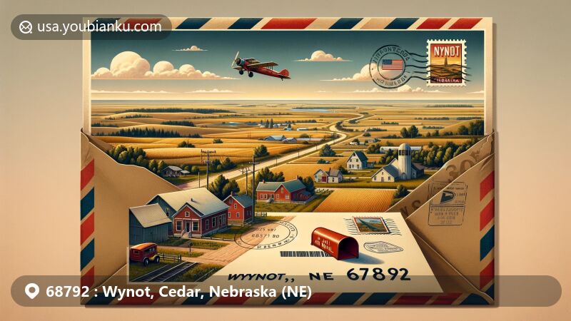 Modern illustration of Wynot, Nebraska, highlighting rural charm and postal theme with ZIP code 68792, featuring vintage airmail envelope, Nebraska state flag stamp, Wynot postmark, and red mailbox.