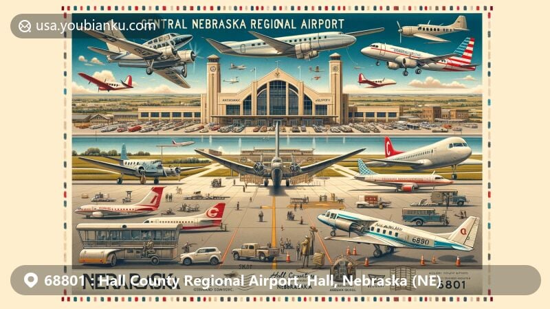 Modern illustration of Central Nebraska Regional Airport in Hall County, Nebraska, featuring vintage and modern aircraft like Fairchild Swearingen Metroliners, BAC One-Eleven jets, and Embraer EMB 110 Bandeirante, along with American Eagle and Allegiant Air's Airbus A319s and A320s, set in a postcard design with ZIP code '68801'.