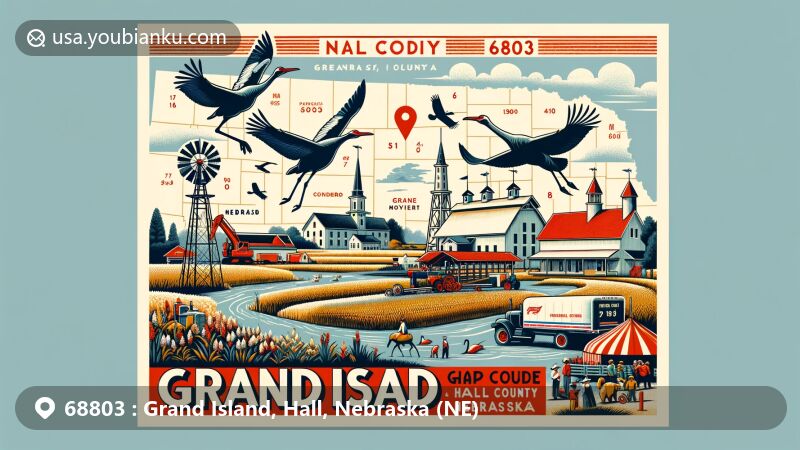 Modern illustration of Grand Island, NE, Hall County, Nebraska, focusing on ZIP code 68803 area with Stuhr Museum, Nebraska State Fair, sandhill crane migration, and postal elements.