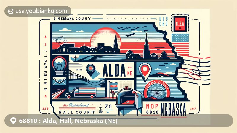 Modern illustration of Alda, Nebraska, ZIP code 68810 area in Hall County, NE, featuring downtown Alda, Prairieland Golf Course, and postal theme with Nebraska state flag colors.