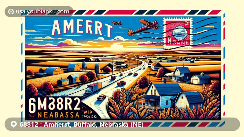 Modern illustration of Amherst, Buffalo County, Nebraska, blending small-town allure, vast plains, and agricultural life, featuring postal theme with ZIP code 68812, highlighting Nebraska state flag and community pride.
