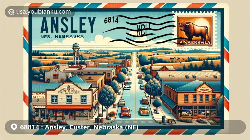 Modern illustration of Ansley, Nebraska, depicting ZIP Code 68814 area, featuring Main Street businesses and Custer County's scenic agricultural landscape.