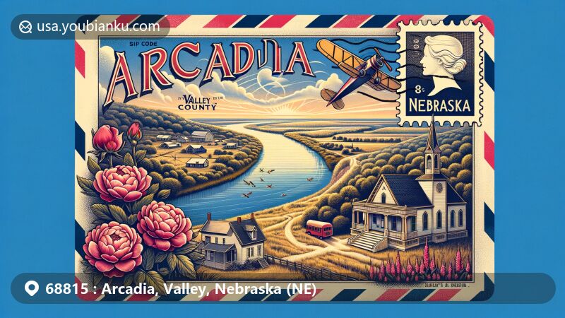 Modern illustration of Arcadia, Valley, Nebraska, showcasing vintage air mail envelope with ZIP code 68815, featuring scenic view of Middle Loup River, wild roses, pioneer symbols, and postal elements.