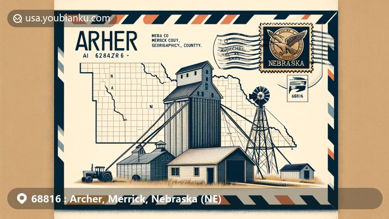 Modern illustration of Archer, Nebraska, Merrick County, NE, with a creative air mail envelope showcasing rural charm, featuring a grain elevator and a post office, symbolizing agricultural roots and community services, vintage-style stamp of Nebraska state flag, ZIP code 68816, and postmark 'Archer, NE'.