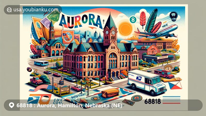 Modern illustration of Aurora, Nebraska in ZIP code 68818, featuring vintage postcard with Hamilton County Courthouse and Bremer Community Center, postal icons, and town's cultural symbols.