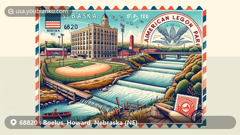 Modern illustration of Boelus, Nebraska, featuring American Legion Baseball Park, Loup rivers, and historical elements, integrated with postal elements like stamp, postmark, and ZIP Code 68820.