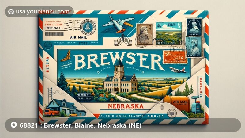Modern illustration of Brewster, Nebraska, featuring vintage air mail envelope with postcard of Blaine County Courthouse, showcasing small-town charm and rural landscapes of ZIP code 68821.