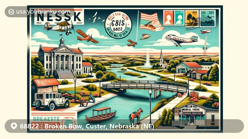 Modern illustration of Broken Bow, Custer County, Nebraska, highlighting postal theme with elements like an air mail envelope or postcard, including Custer County Museum, Sandhills Journey Scenic Byway, Melham Memorial Park, and Broken Bow Golf Club.