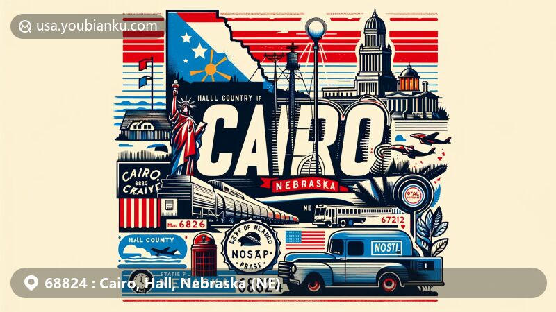 Modern illustration of Cairo, Hall County, Nebraska, featuring postal theme with ZIP code 68824, incorporating Nebraska state flag backdrop and Cairo landmarks.