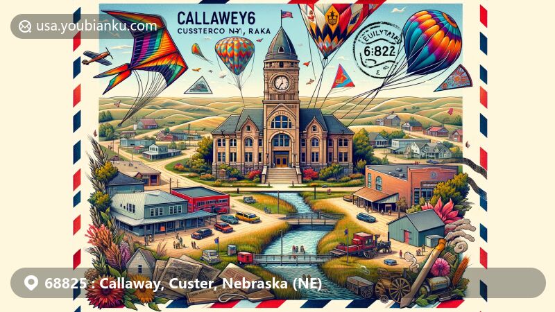 Wide-format illustration of Callaway, Custer County, Nebraska, capturing the essence of the picturesque Seven Valleys region, featuring Seven Valleys Museum, Kite Flight event, first courthouse of Custer County, and postal theme with ZIP code 68825.