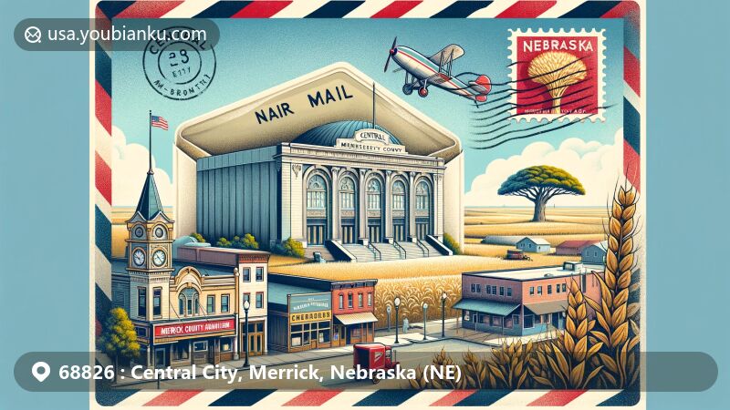 Modern illustration of Central City, Merrick County, Nebraska, highlighting postal theme with ZIP code 68826, featuring Martha Ellen Auditorium, Lone Tree landmark, and Merrick County Historical Museum.