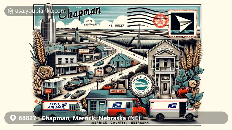 Modern illustration of Chapman, Merrick County, Nebraska, capturing the essence of small-town charm with downtown scene, landscapes, and agricultural features, intertwined with vintage postal elements.