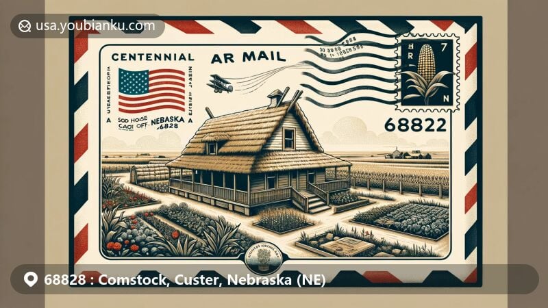 Modern illustration of Comstock, Nebraska, showcasing postal theme with ZIP code 68828, featuring Dowse Sod House and Centennial Community Garden.