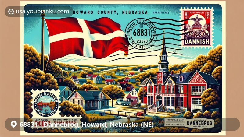 Modern illustration of Dannebrog, Howard County, Nebraska, depicting Danish flag, Columbia Hall, and scenic village with Oak trees, Oak Creek, and Middle Loup River, along with postal elements like vintage stamp, postmark with 2024 date, and ZIP Code 68831.