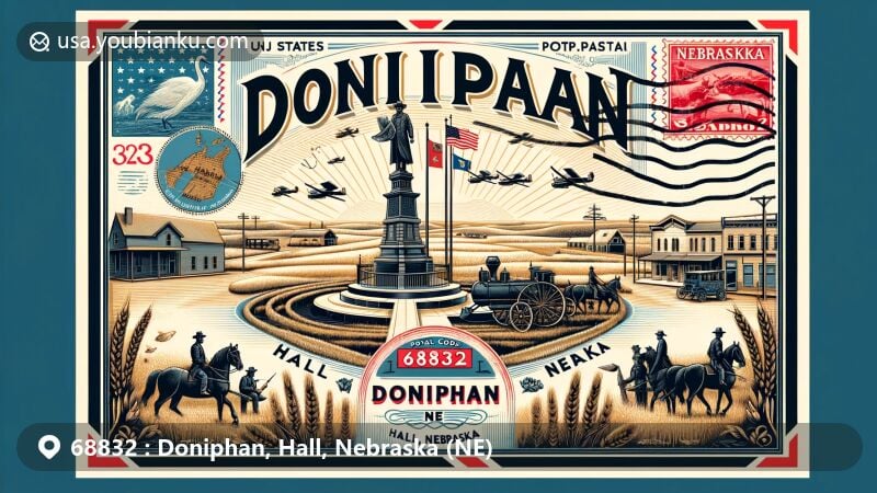 Modern illustration of Doniphan, Hall County, Nebraska, highlighting postal theme with ZIP code 68832 and town name 'Doniphan, NE', featuring Martin Brothers Historic Memorial and Nebraska state symbols.