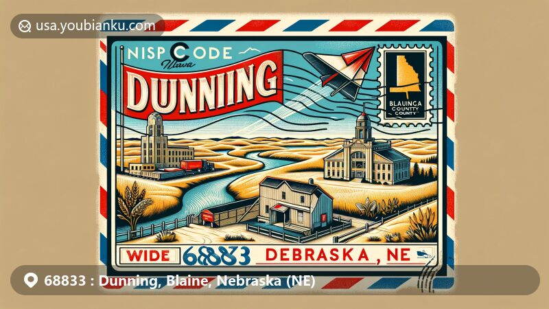 Vintage illustration of Dunning, Nebraska, in Blaine County, with ZIP code 68833, showcasing Sandhills Heritage Museum, the confluence of Middle Loup and Dismal Rivers, and Nebraska state flag.