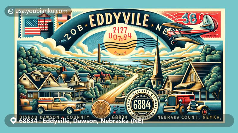 Modern illustration of Eddyville, Dawson County, Nebraska, featuring ZIP code 68834 and iconic landmark Chimney Rock, showcasing a blend of regional and postal themes with vintage airmail envelope and Nebraska Highway 40 view.