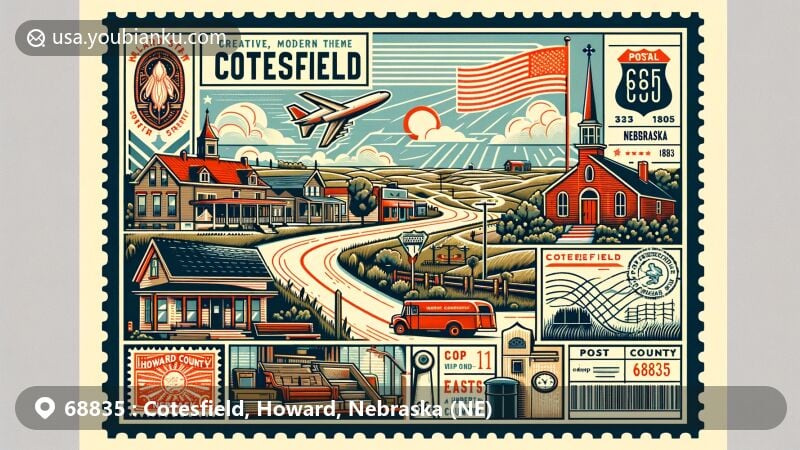 Modern illustration of Cotesfield village, Howard County, Nebraska (NE), depicting the small-town charm and Nebraska Highway 11 view, with state flag, Howard County representation, and vintage postal elements like the ZIP Code 68835 stamp.