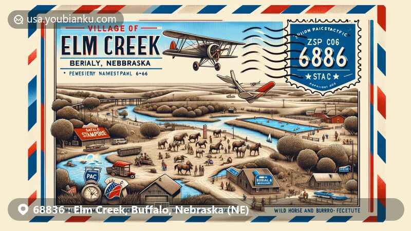 Modern illustration of Elm Creek, Nebraska, showcasing postal theme with ZIP code 68836, featuring Buffalo Stampede celebration, recreational activities, and natural beauty.