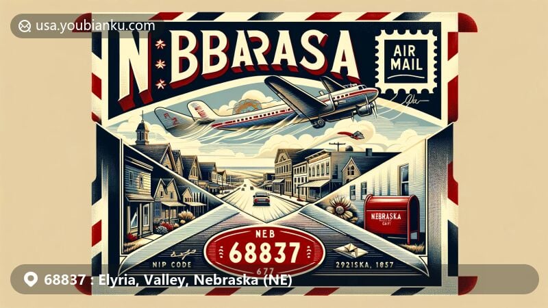 Modern illustration of Elyria, Nebraska, featuring a creative postal theme with vintage air mail envelope and ZIP code 68837, capturing small-town charm and Nebraska's scenic beauty.