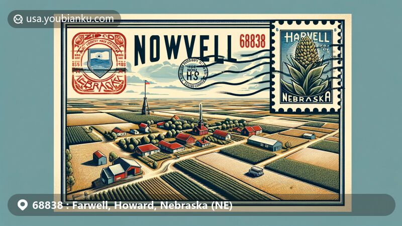 Modern illustration of Farwell, Howard County, Nebraska, highlighting postal theme with ZIP code 68838, featuring village scenery and vintage postal elements.