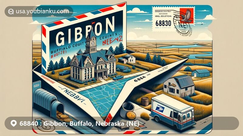 Modern illustration of Gibbon, Buffalo County, Nebraska, highlighting postal theme with ZIP code 68840, featuring first Buffalo County Courthouse, Nebraska's landscape, airmail envelope, postmark, stamp with map outline and state flag, mailbox, and mail van.