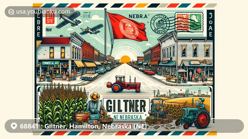 Modern illustration of Giltner, Nebraska, ZIP code 68841, depicting downtown Commercial Avenue with community members, shops, cornfields, tractors, and Nebraska state flag.