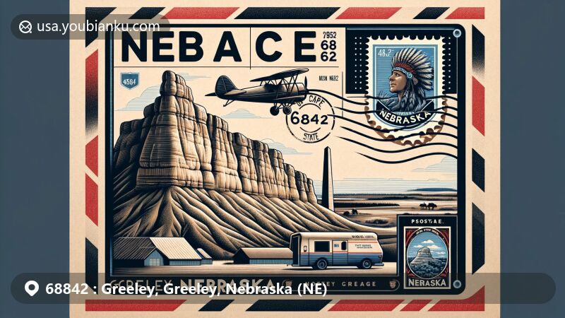 Modern illustration of Greeley, Nebraska, featuring vintage air mail envelope with Chimeny Rock, Nebraska state flag, and ZIP code 68842, including a fictional postage stamp depicting Indian Cave State Park.