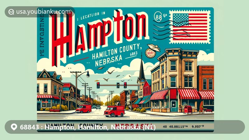 Modern illustration of Hampton, Hamilton County, Nebraska, representing ZIP code 68843, incorporating state symbols and postal elements in a vibrant village scene.
