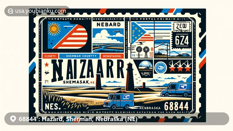 Modern illustration of Hazard, Sherman County, Nebraska, showcasing postal theme with ZIP code 68844, featuring Chimney Rock and Nebraska state flag.