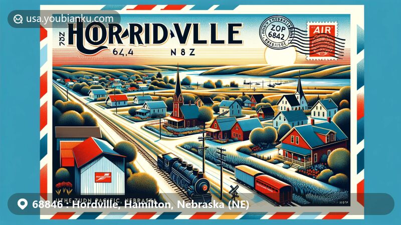Modern illustration of Hordville, Hamilton County, Nebraska, capturing small-town charm against rural landscape, with symbolic tribute to Union Pacific Railroad. Postcard-inspired theme with ZIP code 68846, showcasing local and postal elements.