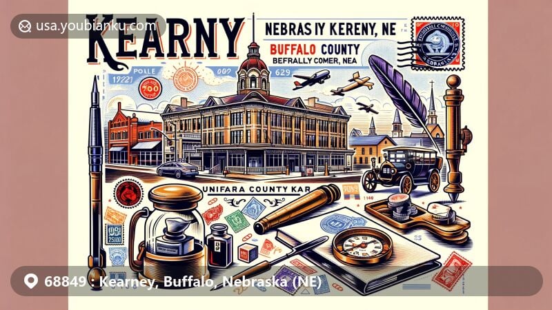 Modern illustration of Kearney, Buffalo County, Nebraska, merging iconic elements with postal themes, showcasing Kearney Downtown Historic District, University of Nebraska at Kearney, and Buffalo County Fairgrounds.