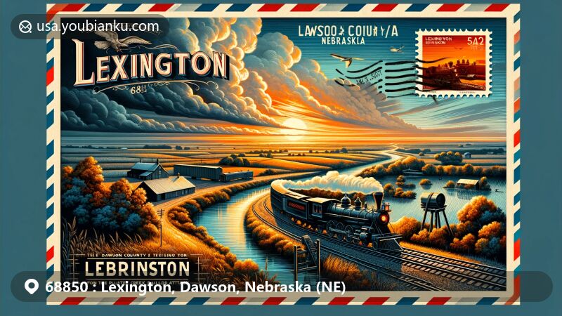 Modern illustration of Lexington, Dawson County, Nebraska, featuring vintage air mail envelope with Platte River, Plum Creek Railroad Attack nod, and climate elements, showcasing ZIP code 68850 and Nebraska state flag.