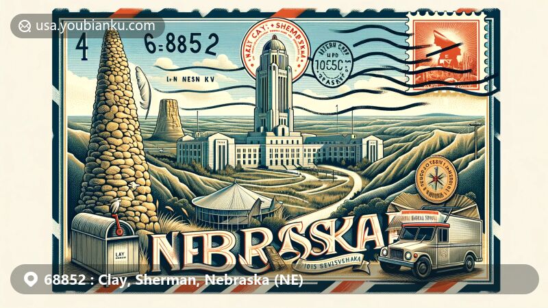 Creative illustration of Nebraska ZIP code 68852, blending landmarks like Nebraska State Capitol, Scotts Bluff National Monument, and Chimney Rock with postal theme, vintage stamp, and postmark.