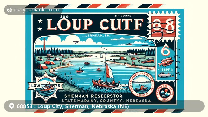 Modern illustration of Loup City, Sherman County, Nebraska, with a vintage air mail envelope showcasing outdoor activities at Sherman Reservoir State Recreation Area and iconic symbols of Nebraska.